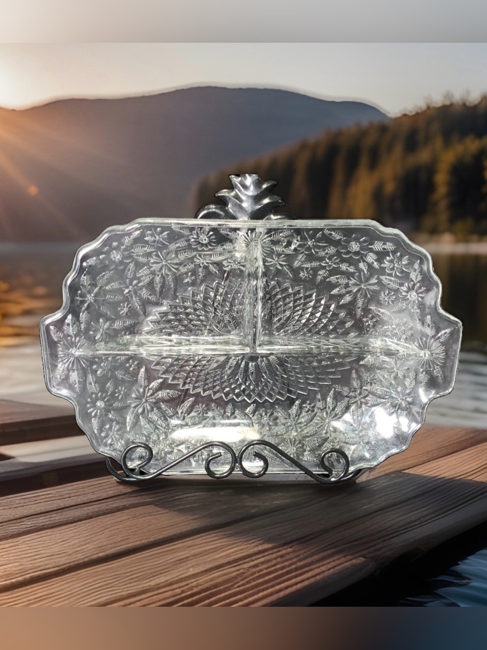 Indiana Glass Pineapple and Floral 3-Part Divided Relish Dish 1930s